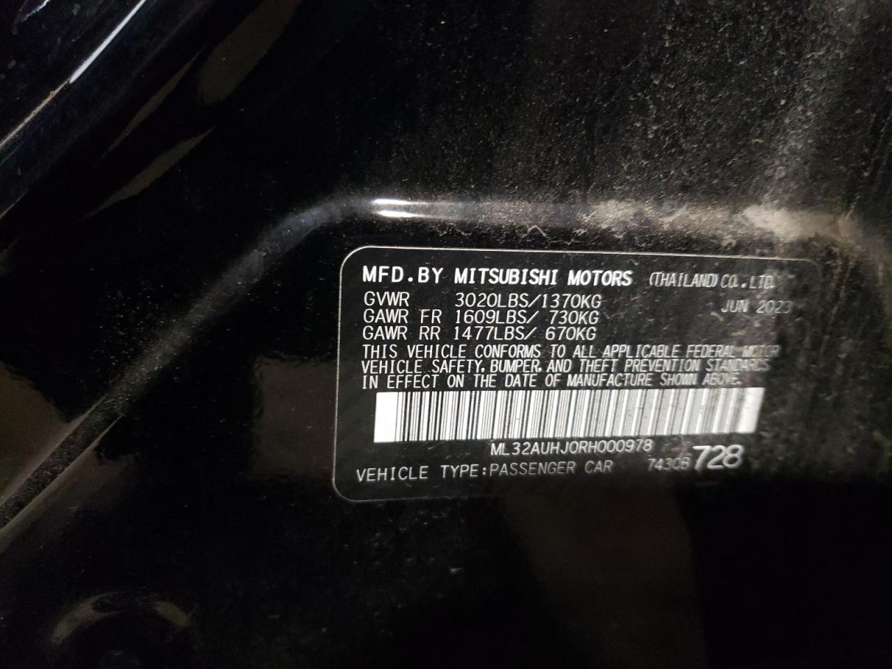 2024 MITSUBISHI MIRAGE ES VIN:ML32AUHJ0RH000978