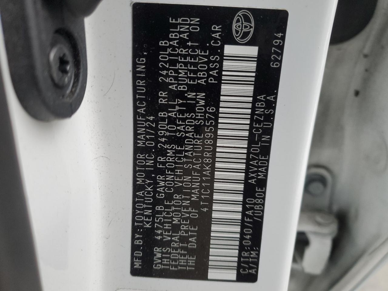 2024 TOYOTA CAMRY LE VIN:4T1C11AK8RU895576