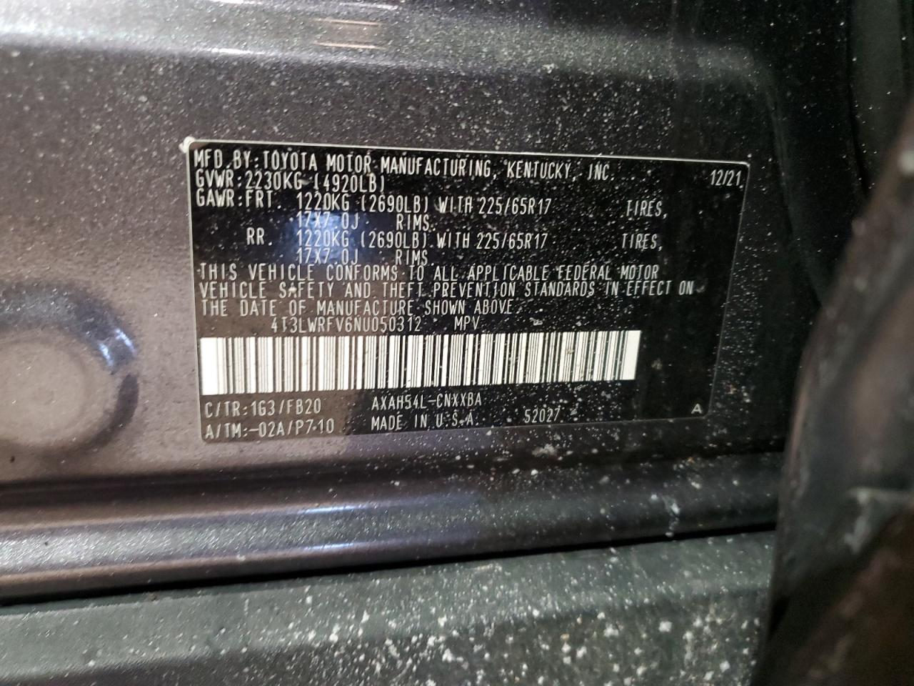 2022 TOYOTA RAV4 LE VIN:4T3LWRFV6NU050312