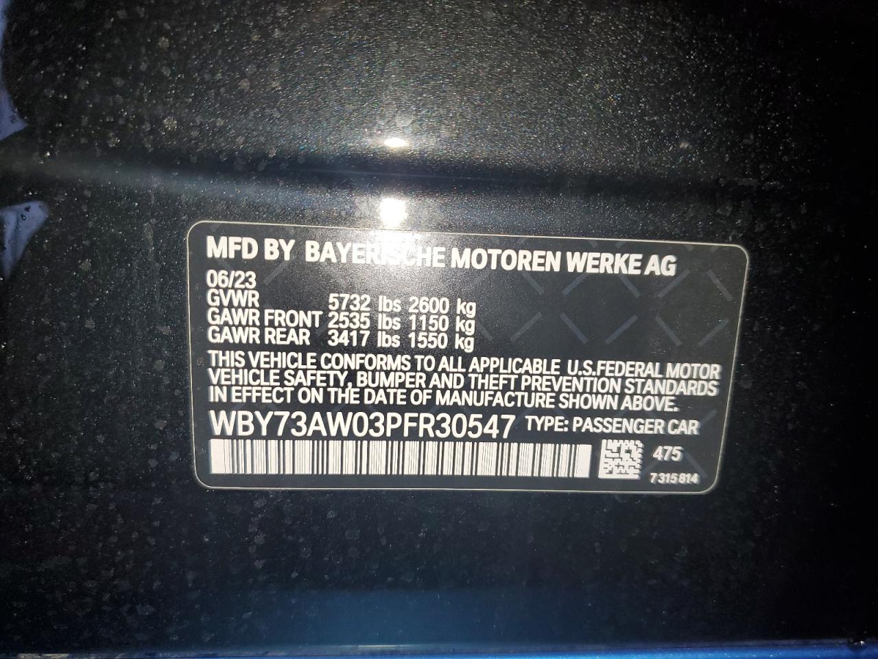 2023 BMW I4 EDRIVE 40 VIN:WBY73AW03PFR30547