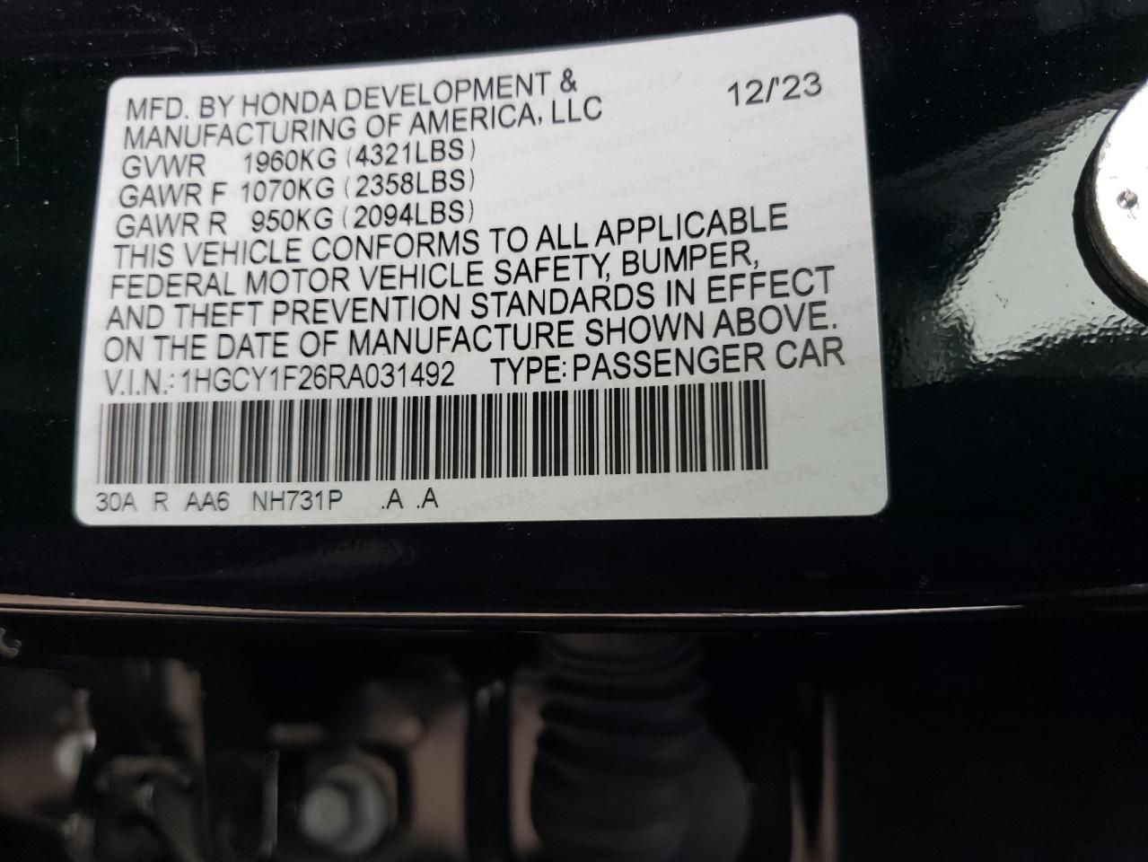 2024 HONDA ACCORD LX VIN:1HGCY1F26RA031492