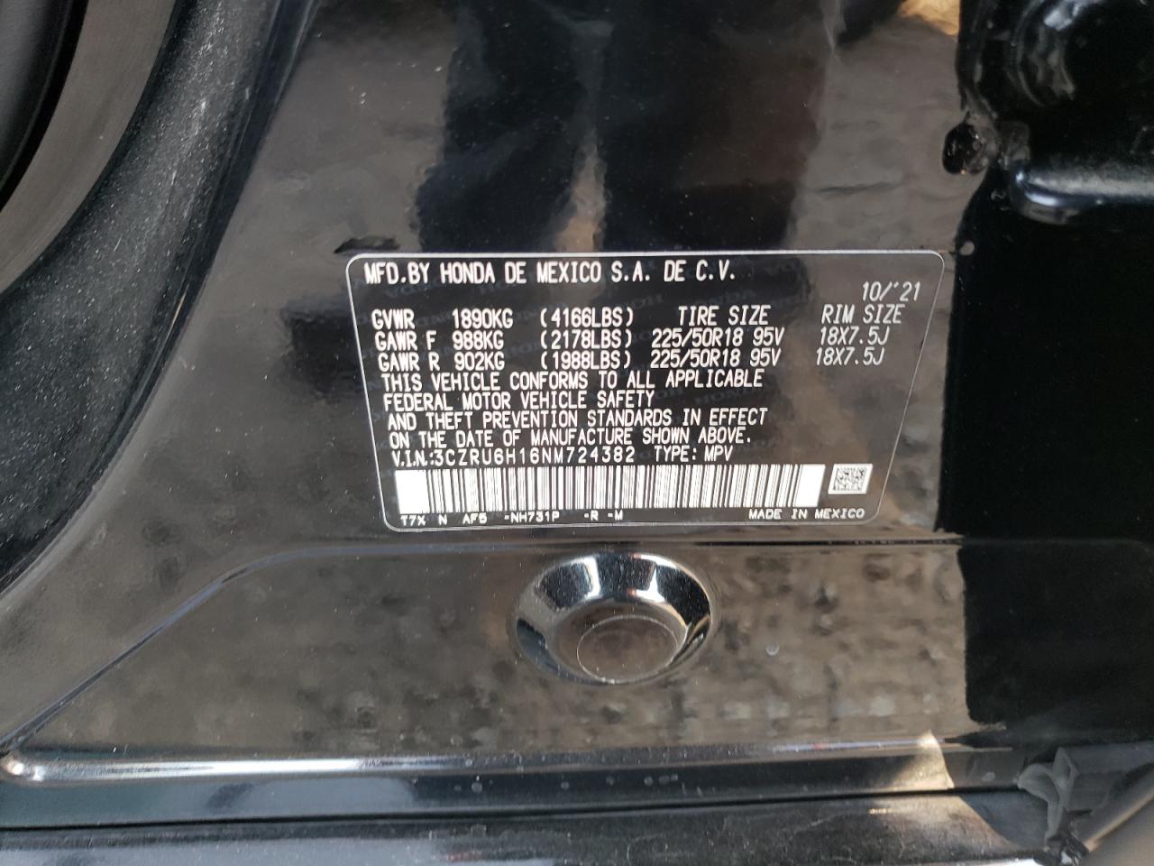 2022 HONDA HR-V SPORT VIN:3CZRU6H16NM724382