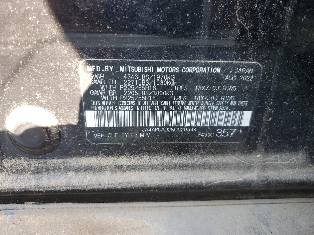 2022 MITSUBISHI OUTLANDER SPORT ES VIN:JA4APUAU2NU020544