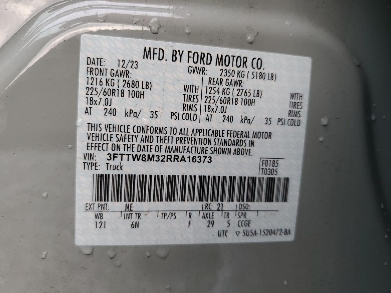 2024 FORD MAVERICK LARIAT VIN:3FTTW8M32RRA16373