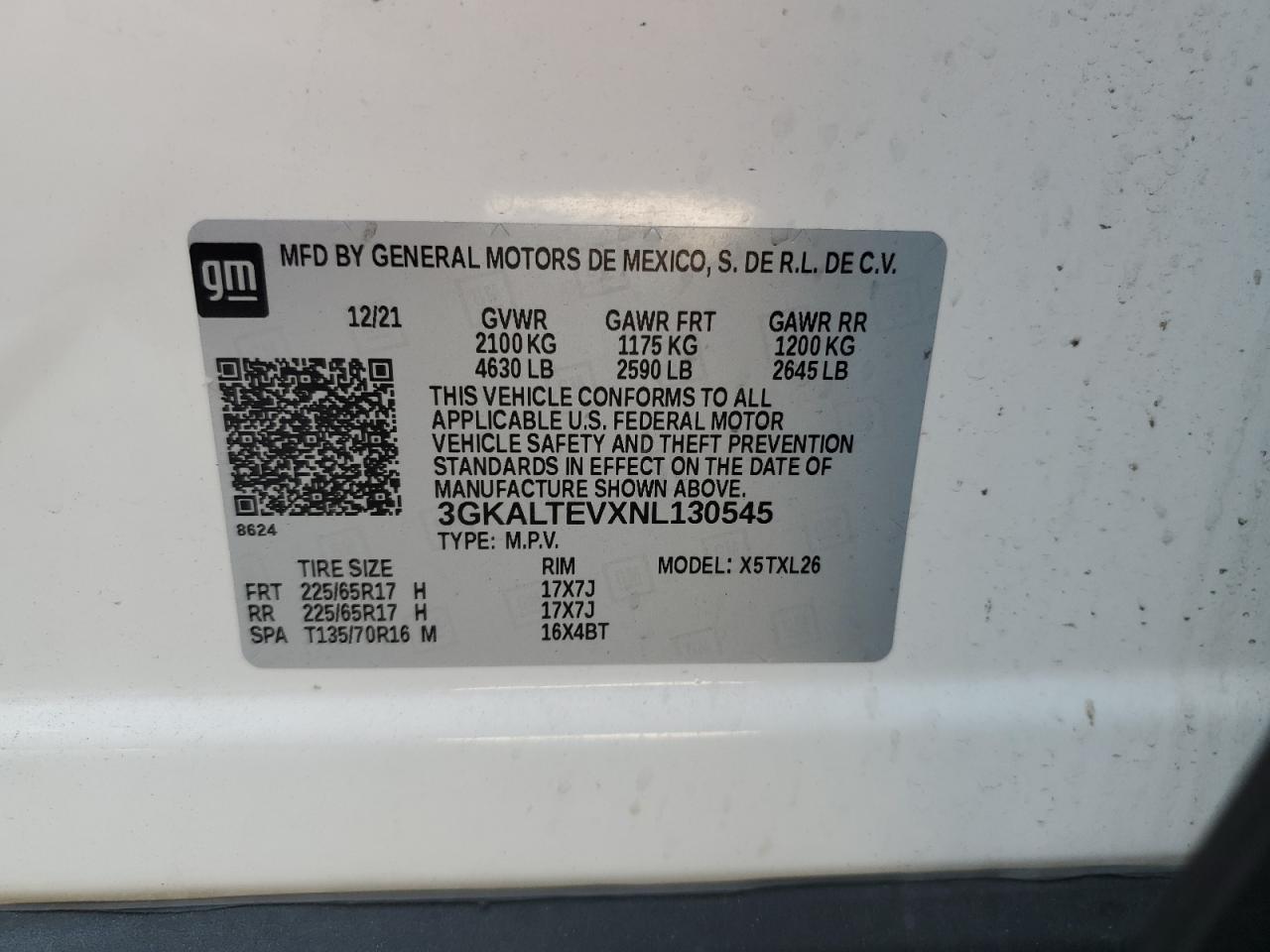 2022 GMC TERRAIN SLE VIN:3GKALTEVXNL130545