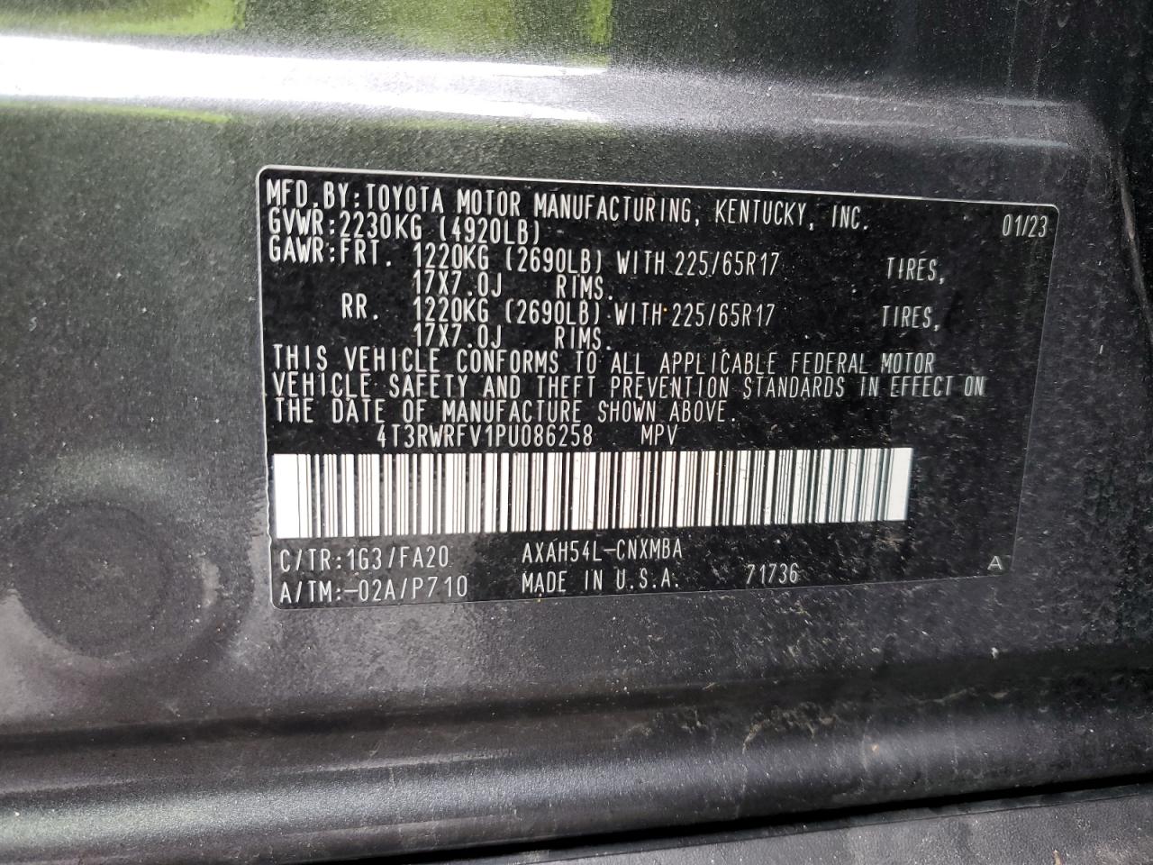 2023 TOYOTA RAV4 XLE VIN:4T3RWRFV1PU086258