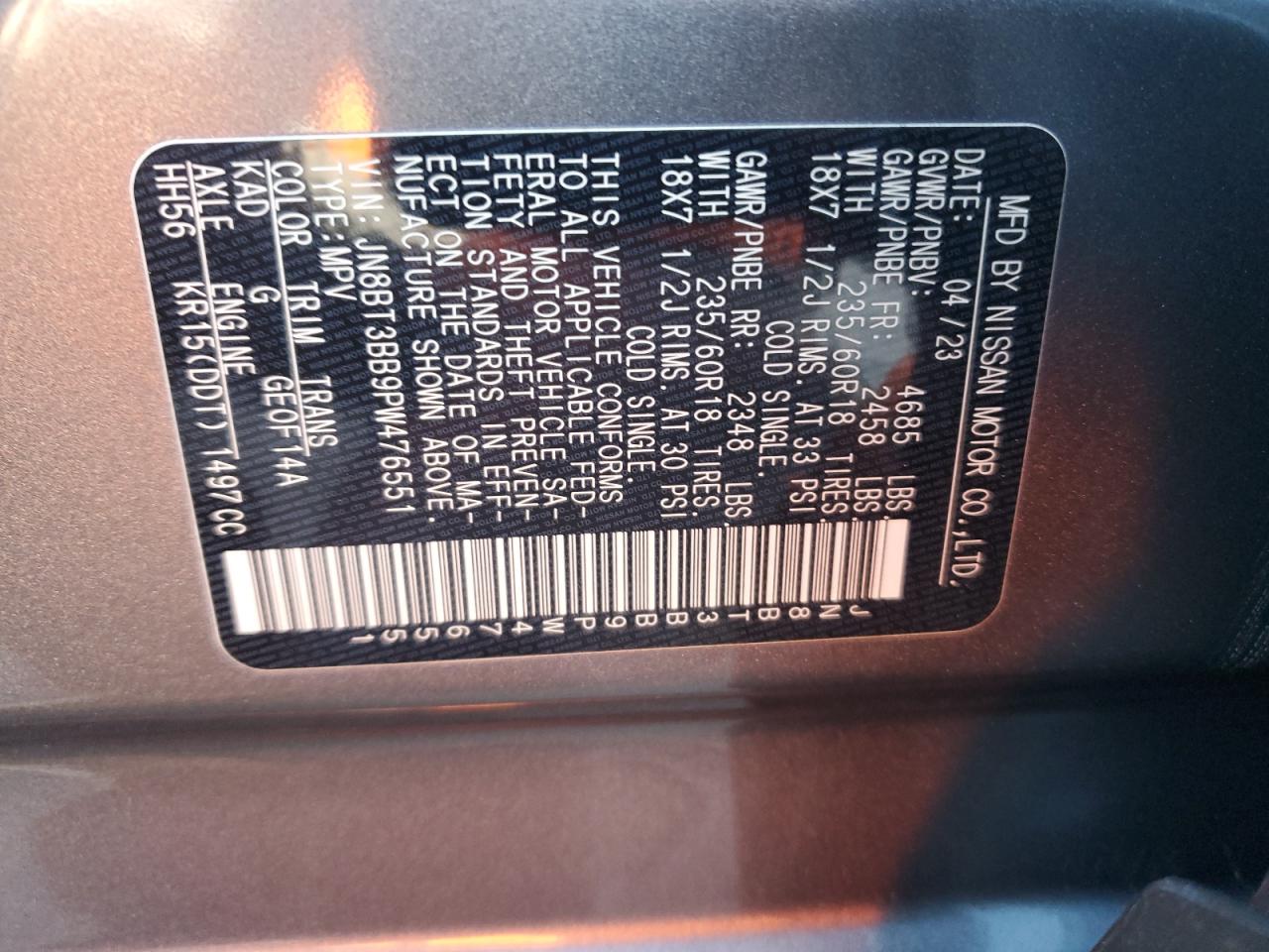 2023 NISSAN ROGUE SV VIN:JN8BT3BB9PW476551