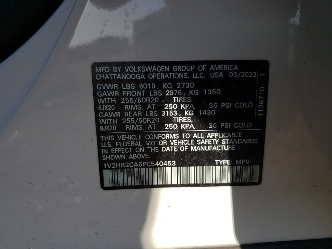 2023 VOLKSWAGEN ATLAS SE VIN:1V2HR2CA6PC540453