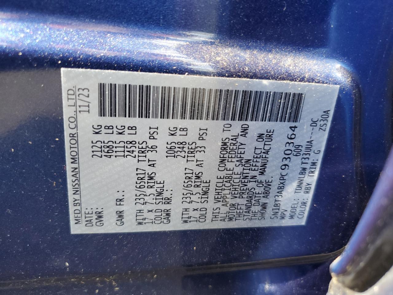 2023 NISSAN ROGUE S VIN:5N1BT3ABXPC930364