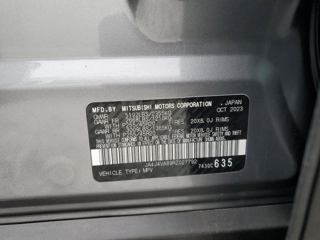 2024 MITSUBISHI OUTLANDER SE VIN:JA4J4VA89RZ027792