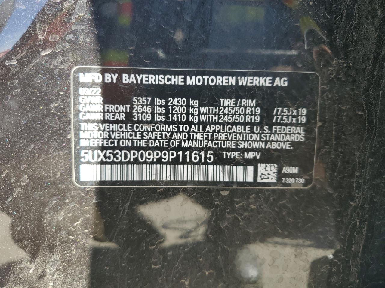 2023 BMW X3 XDRIVE30I VIN:5UX53DP09P9P11615