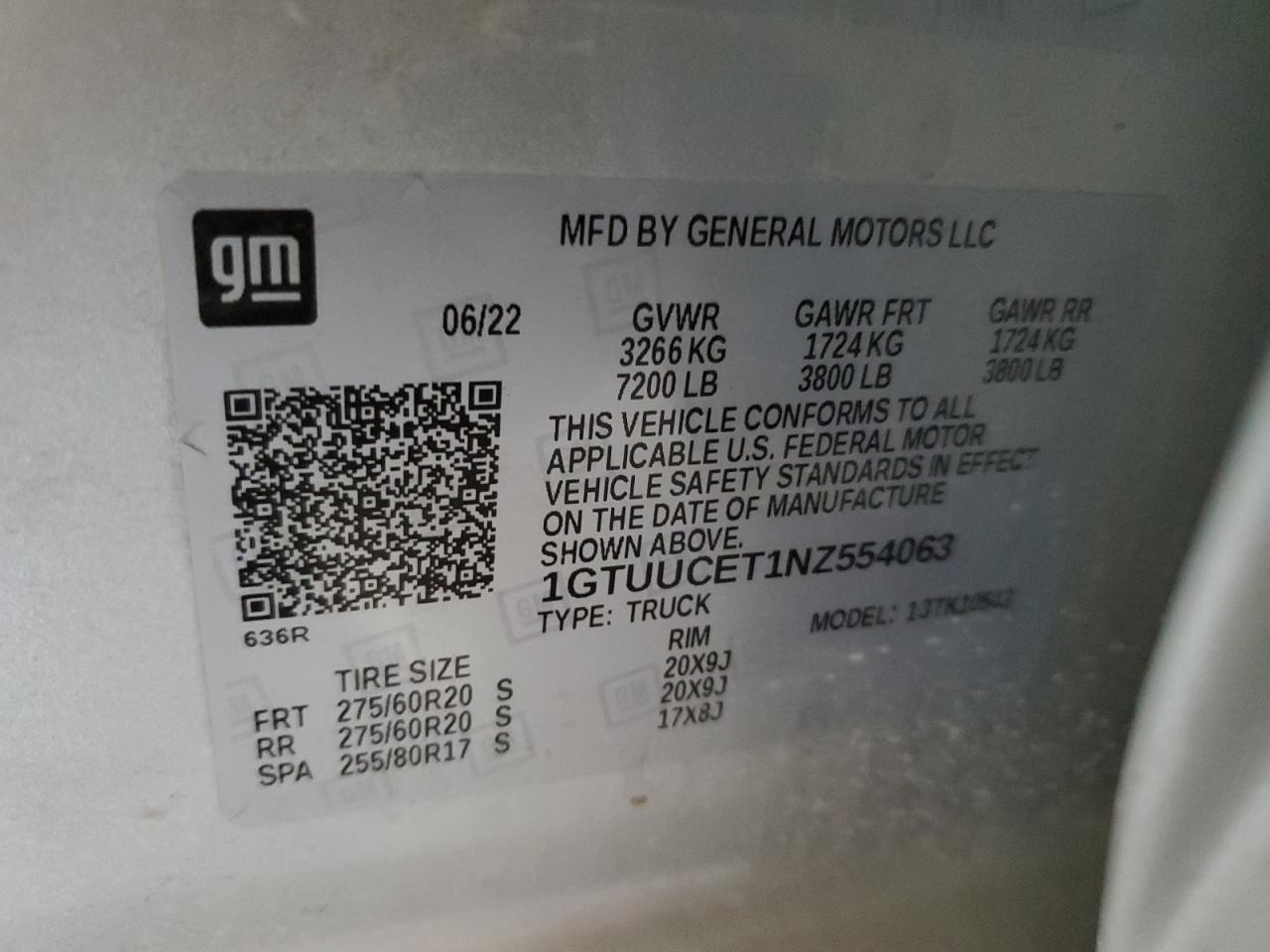 2022 GMC SIERRA K1500 ELEVATION VIN:1GTUUCET1NZ554063