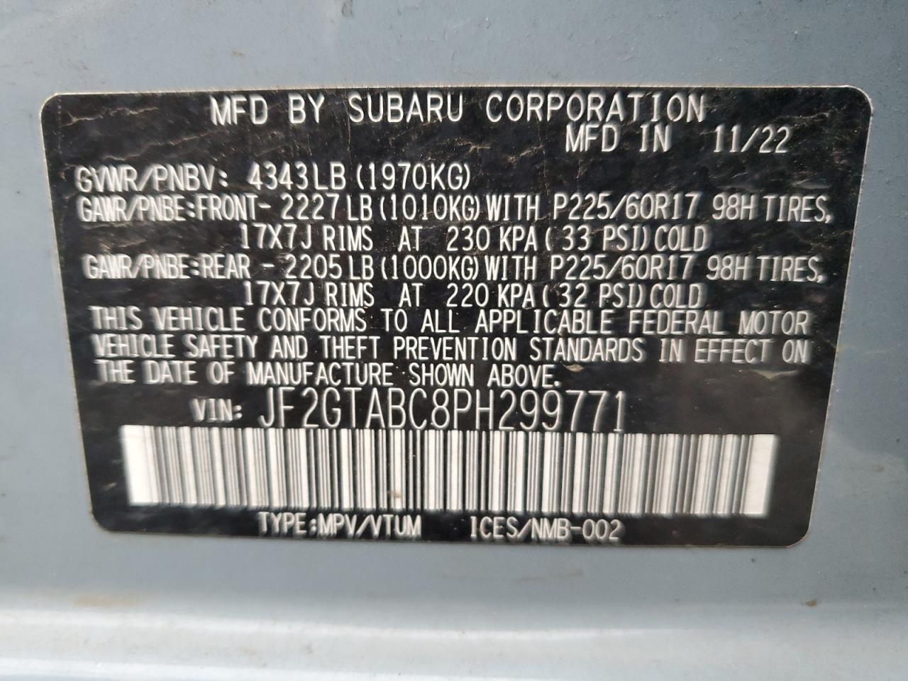 2023 SUBARU CROSSTREK  VIN:JF2GTABC8PH299771