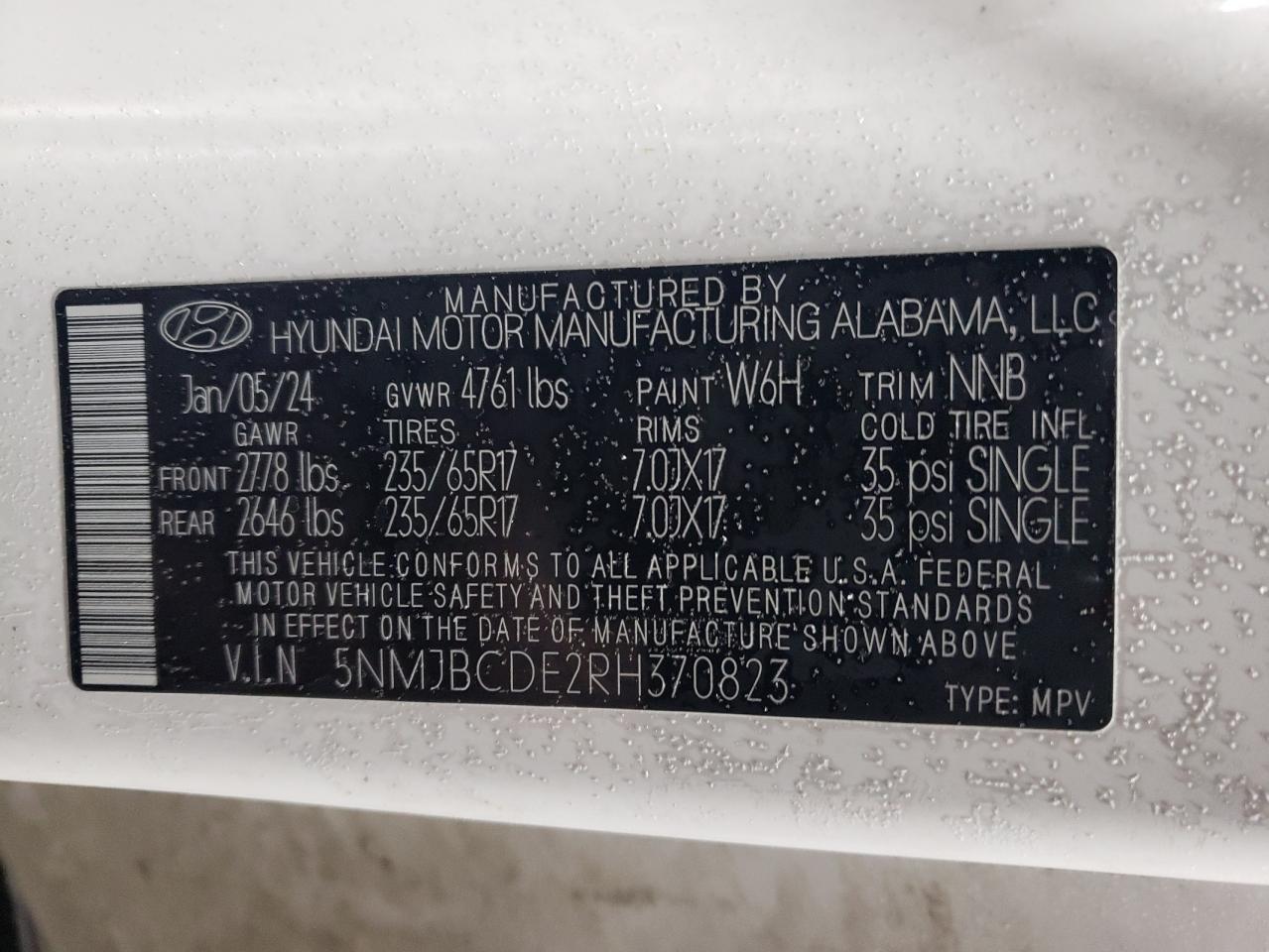 2024 HYUNDAI TUCSON SEL VIN:5NMJBCDE2RH370823