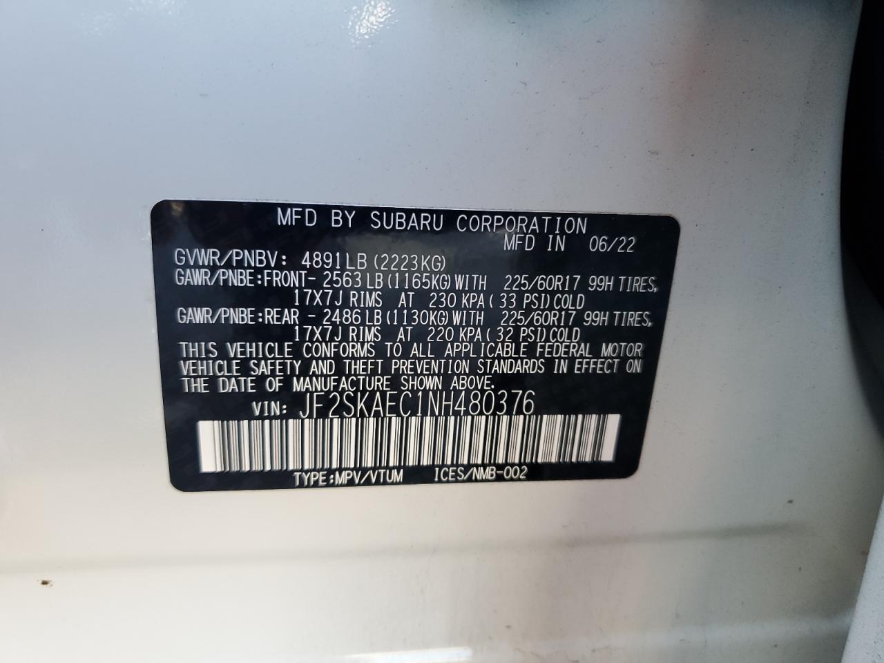 2022 SUBARU FORESTER PREMIUM VIN:JF2SKAEC1NH480376