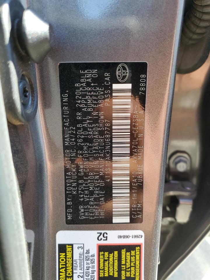 2022 TOYOTA CAMRY NIGHT SHADE VIN:4T1S11AK3NU687787