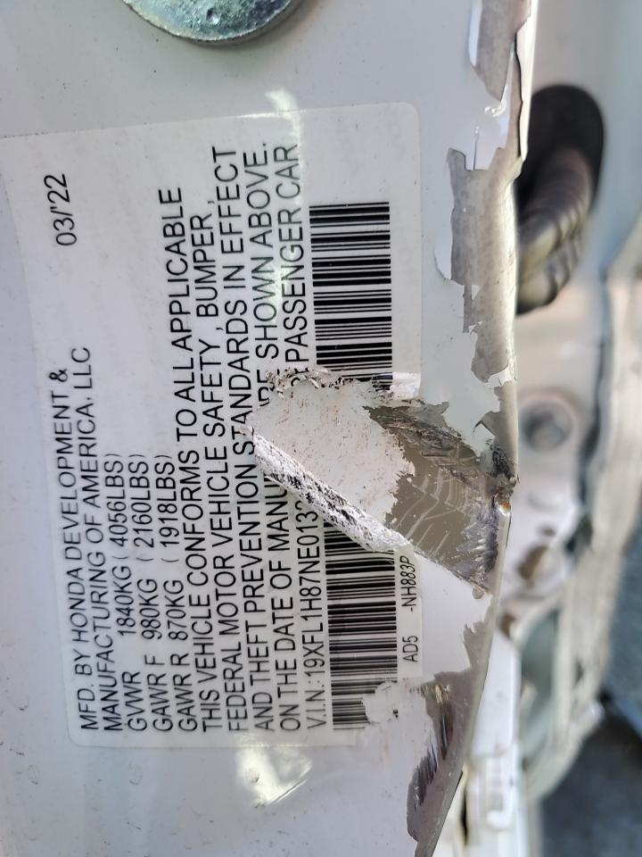 2022 HONDA CIVIC SPORT TOURING VIN:19XFL1H87NE013201