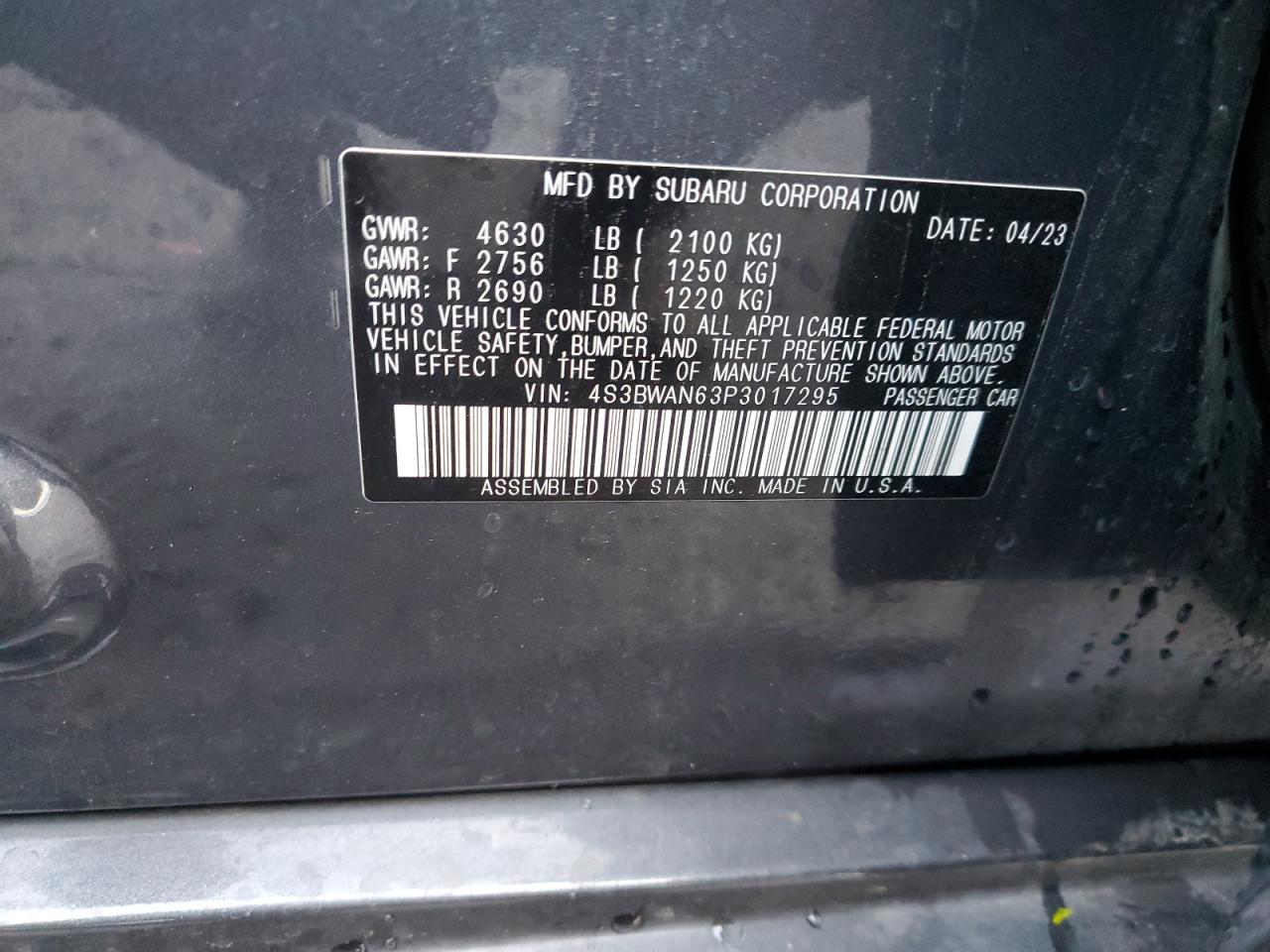 2023 SUBARU LEGACY LIMITED VIN:4S3BWAN63P3017295