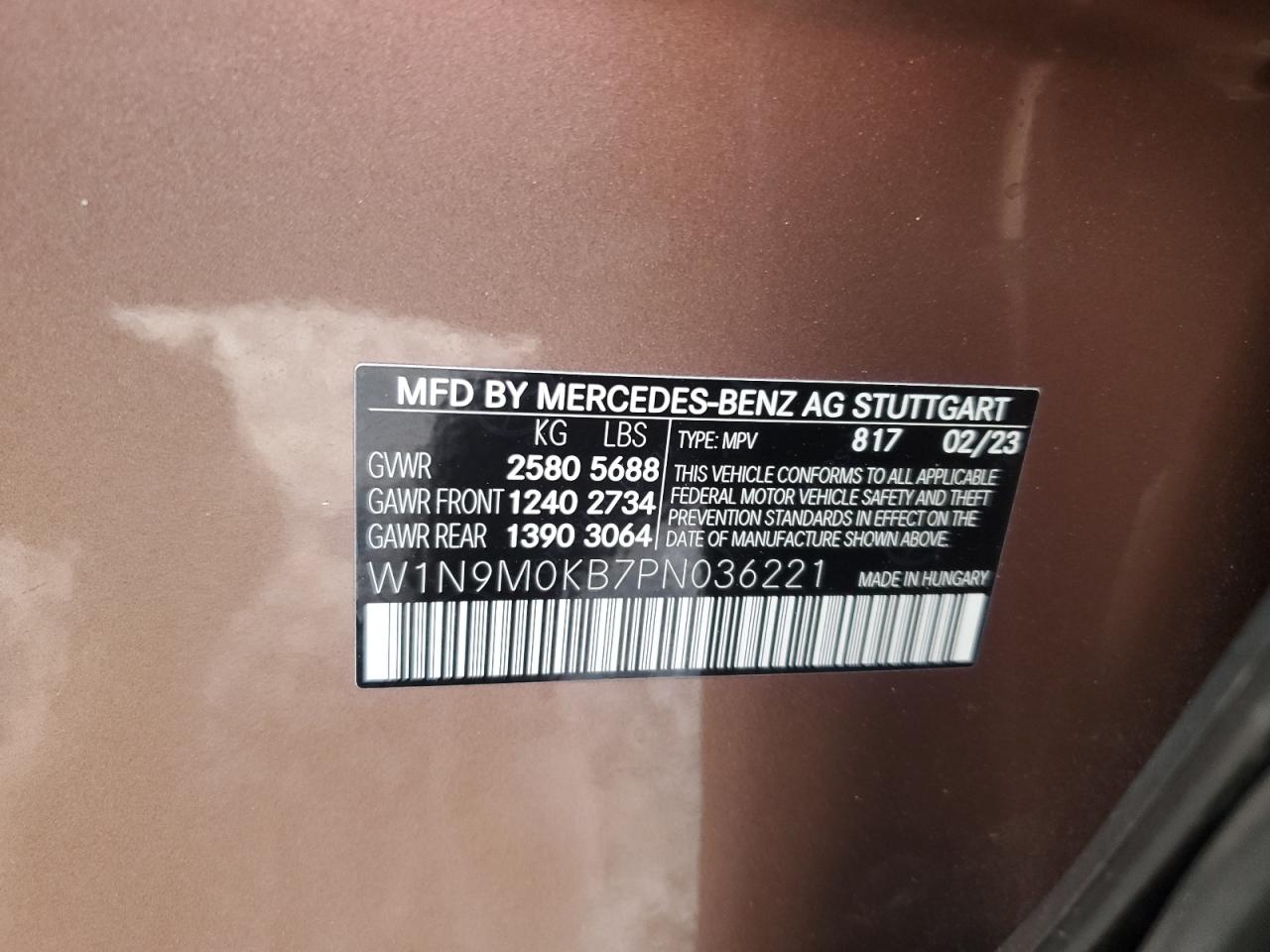 2023 MERCEDES-BENZ EQB 300 4MATIC VIN:W1N9M0KB7PN036221