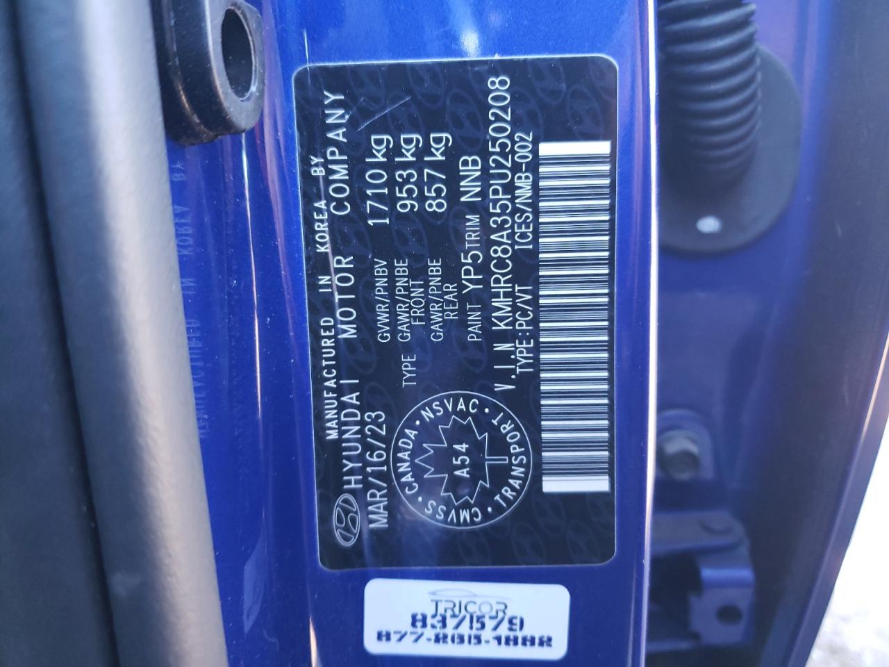 2023 HYUNDAI VENUE SEL VIN:KMHRC8A35PU250208