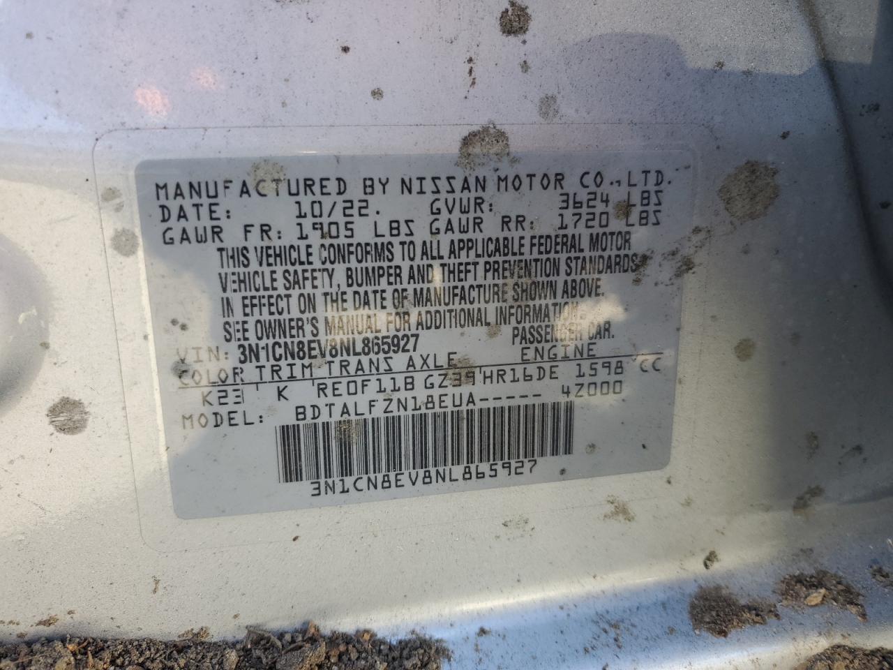 2022 NISSAN VERSA SV VIN:3N1CN8EV8NL865927