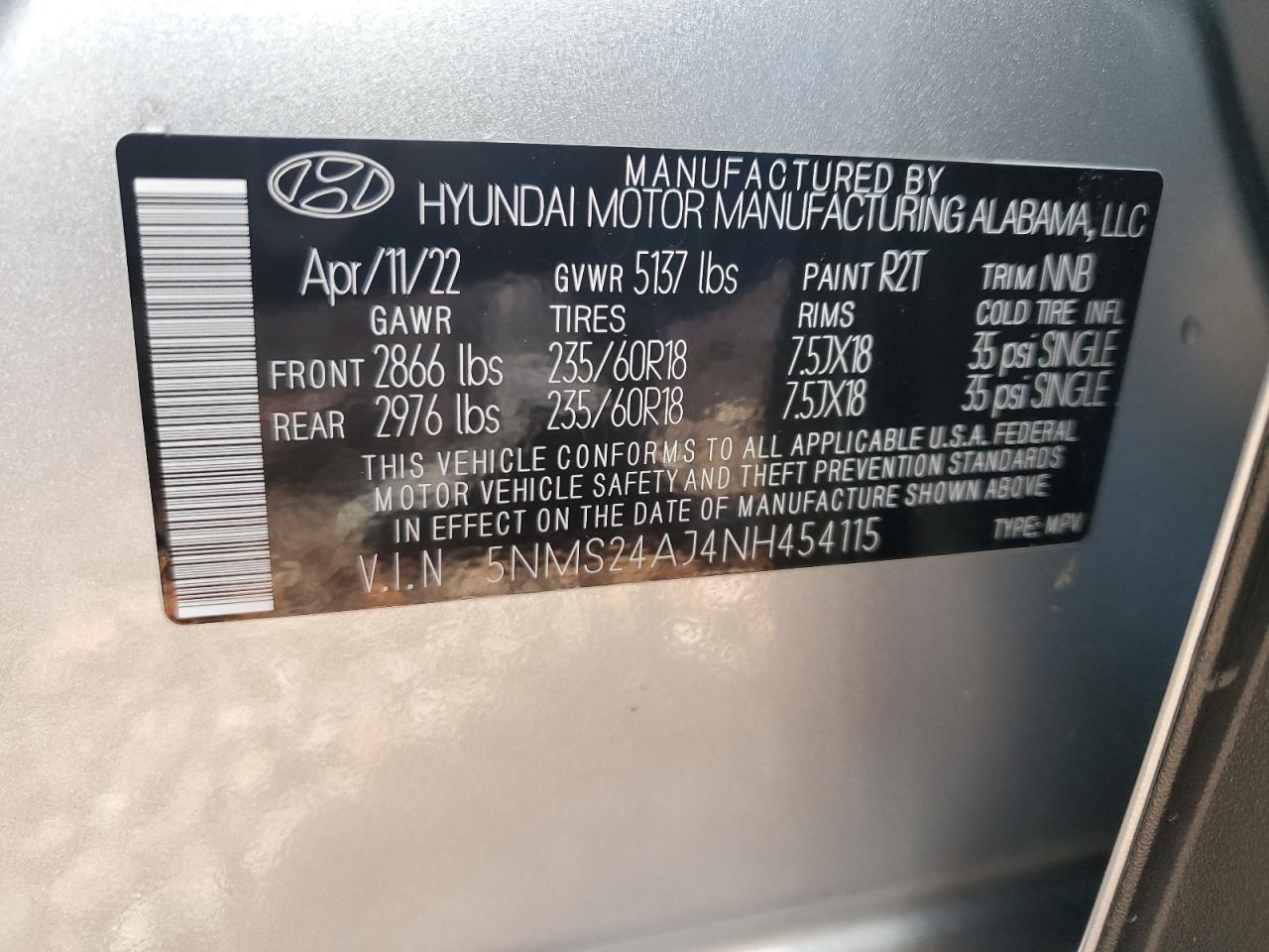 2022 HYUNDAI SANTA FE SEL VIN:5NMS24AJ4NH454115