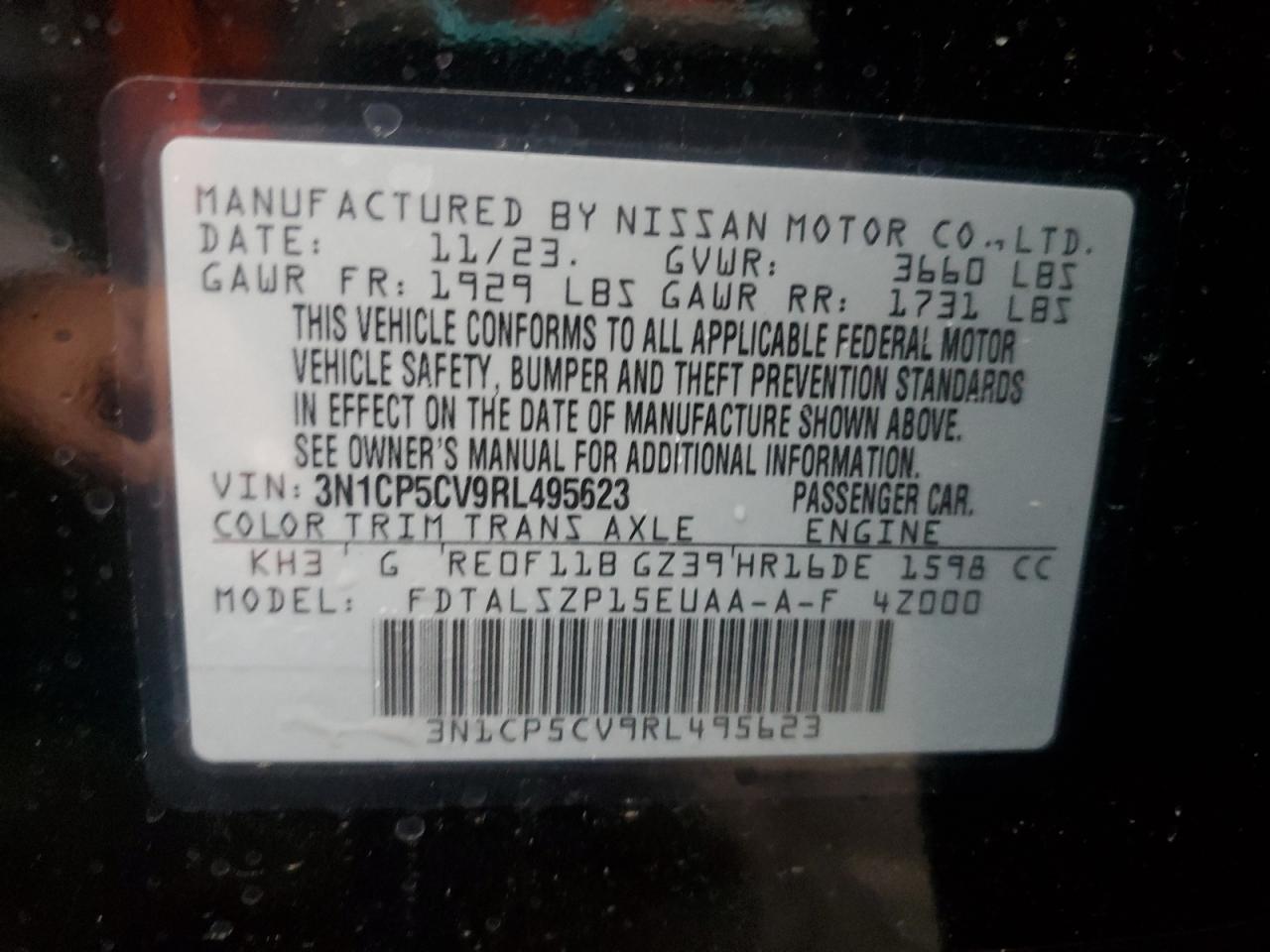 2024 NISSAN KICKS SV VIN:3N1CP5CV9RL495623