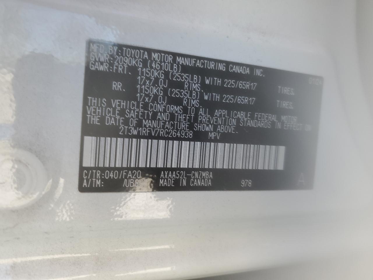 2024 TOYOTA RAV4 XLE VIN:2T3W1RFV7RC264938