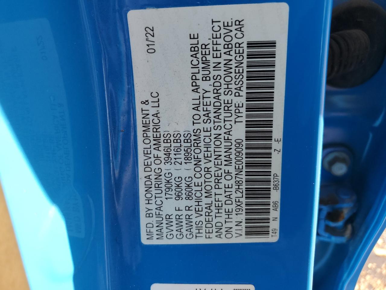 2022 HONDA CIVIC SPORT VIN:19XFL2H87NE009090
