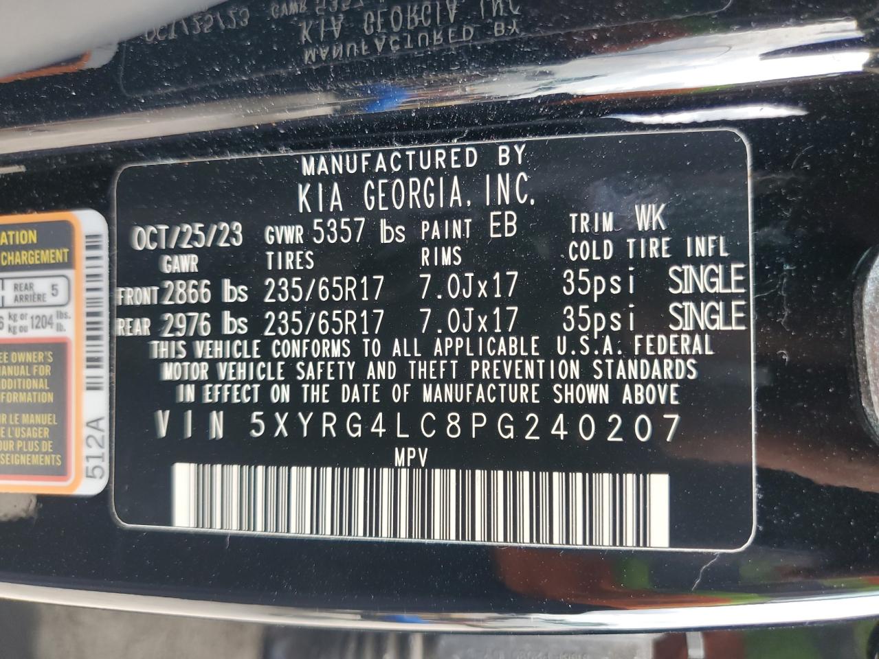 2023 KIA SORENTO LX VIN:5XYRG4LC8PG240207