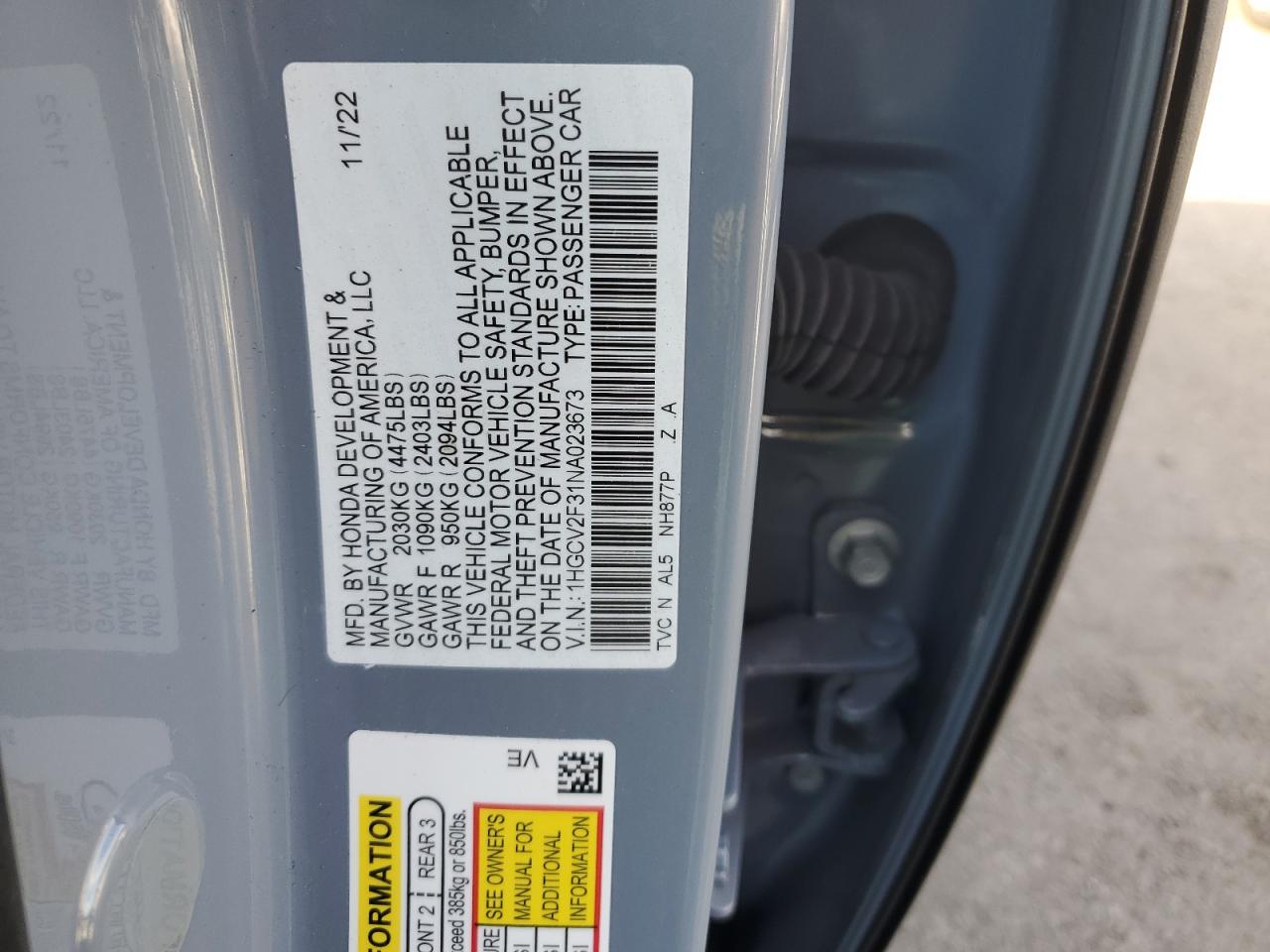 2022 HONDA ACCORD SPORT VIN:1HGCV2F31NA023673