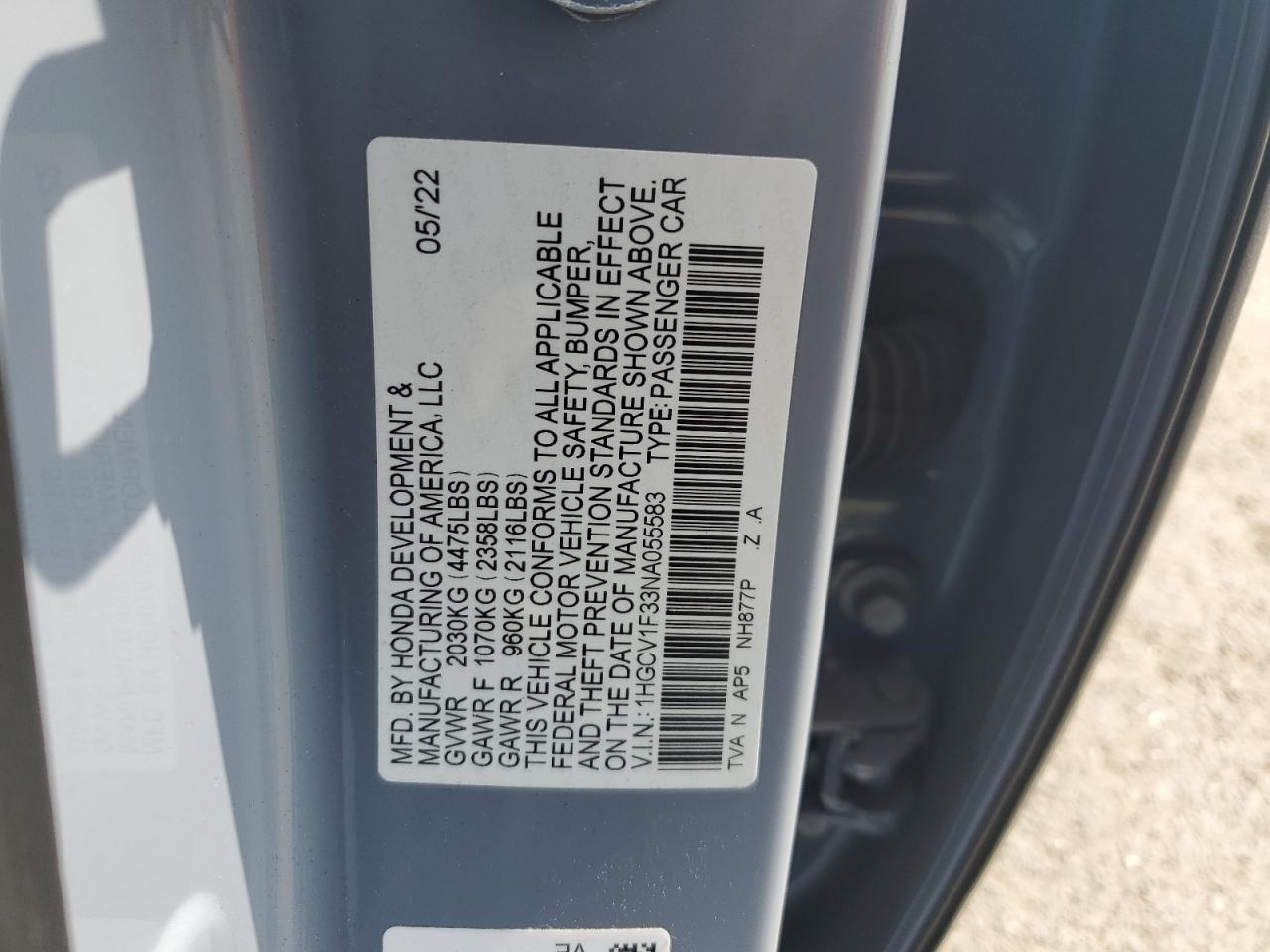 2022 HONDA ACCORD SPORT VIN:1HGCV1F33NA055583
