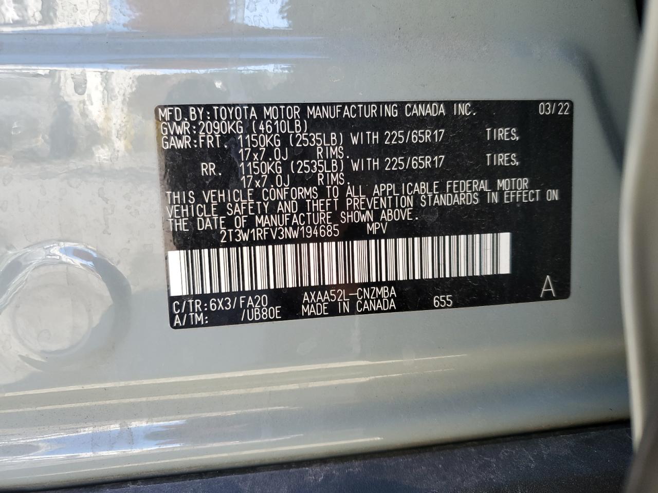 2022 TOYOTA RAV4 XLE VIN:2T3W1RFV3NW194685