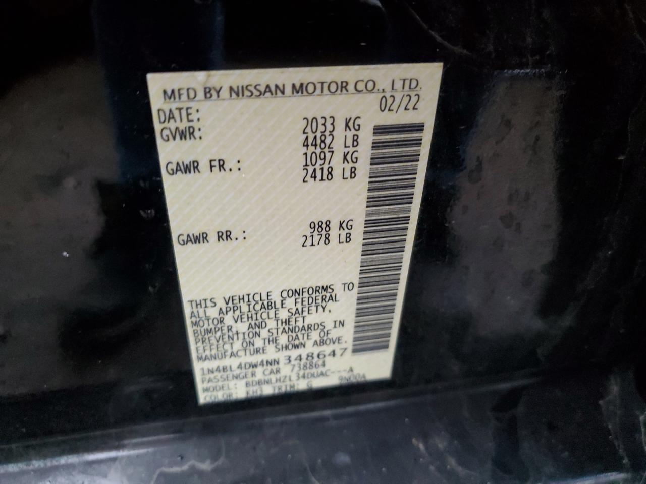 2022 NISSAN ALTIMA SV VIN:1N4BL4DW4NN348647