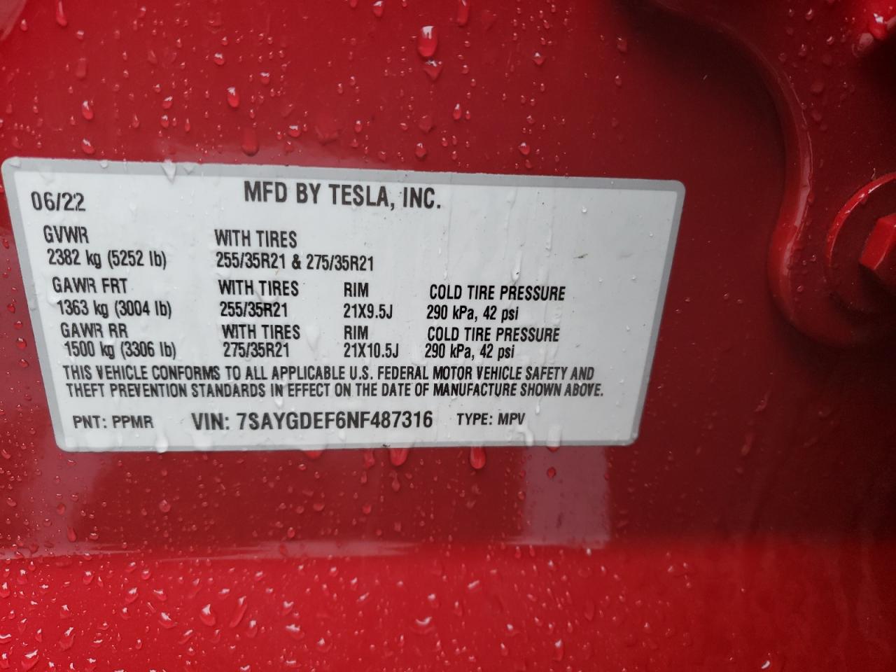 2022 TESLA MODEL Y  VIN:7SAYGDEF6NF487316