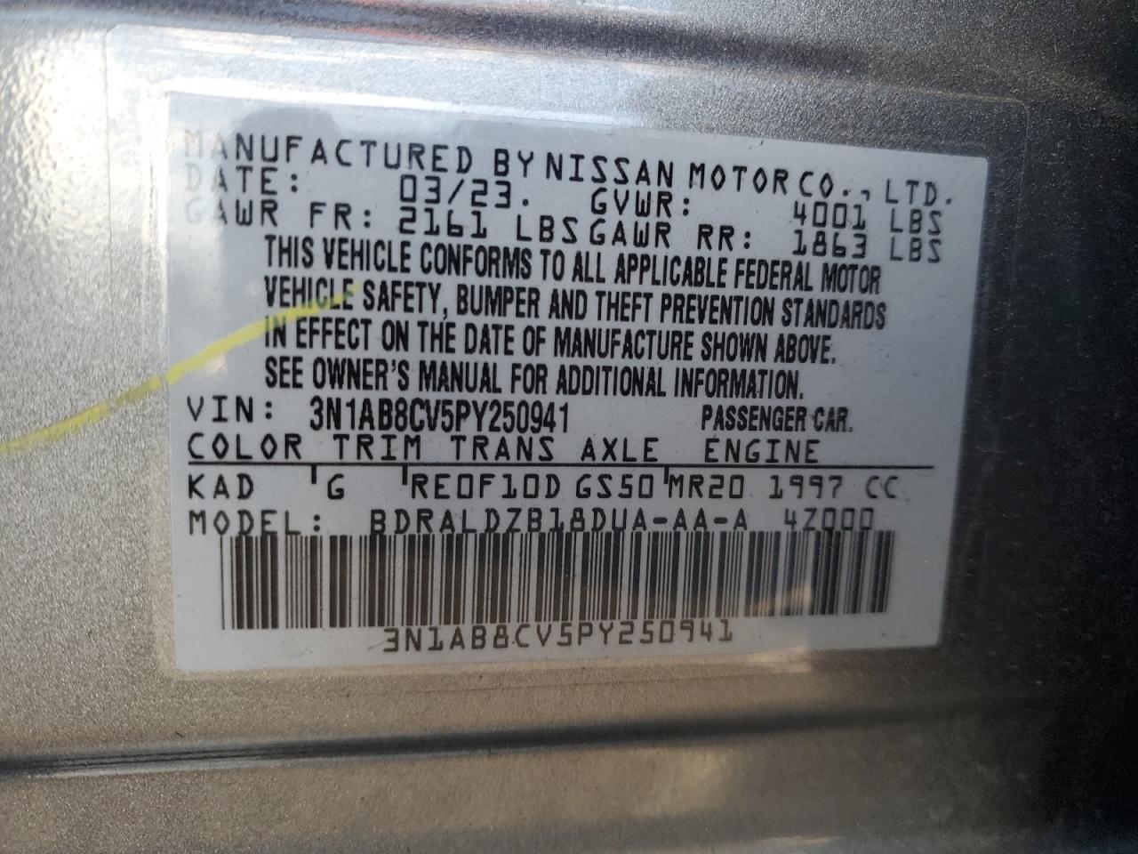 2023 NISSAN SENTRA SV VIN:3N1AB8CV5PY250941
