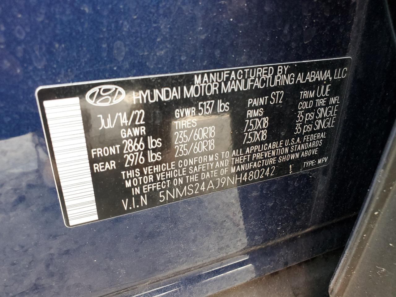 2022 HYUNDAI SANTA FE SEL VIN:5NMS24AJ9NH480242