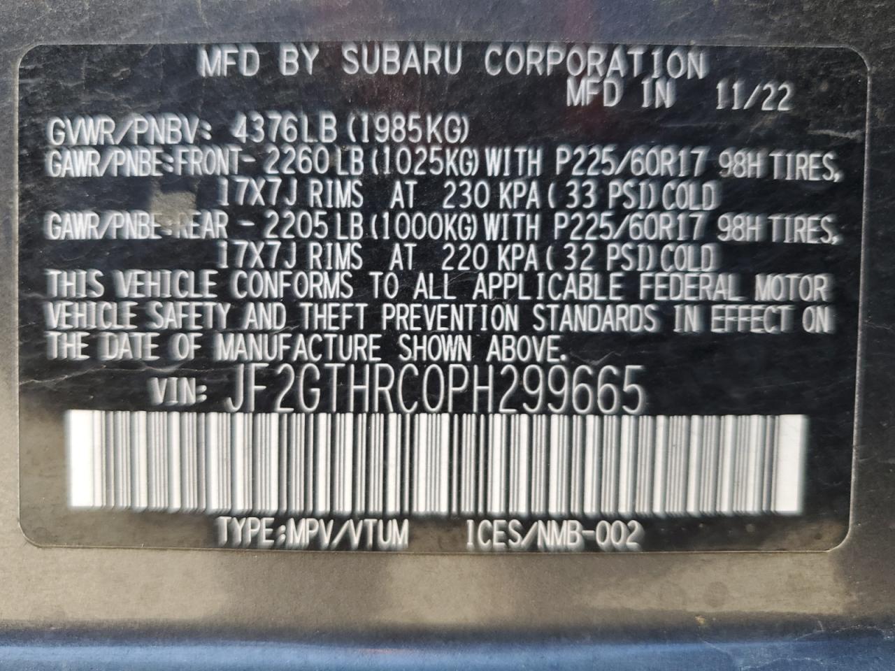 2023 SUBARU CROSSTREK SPORT VIN:JF2GTHRC0PH299665