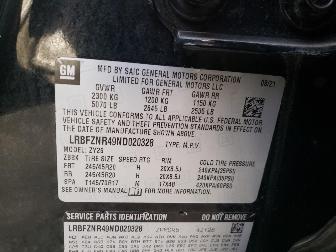 2022 BUICK ENVISION ESSENCE VIN:LRBFZNR49ND020328