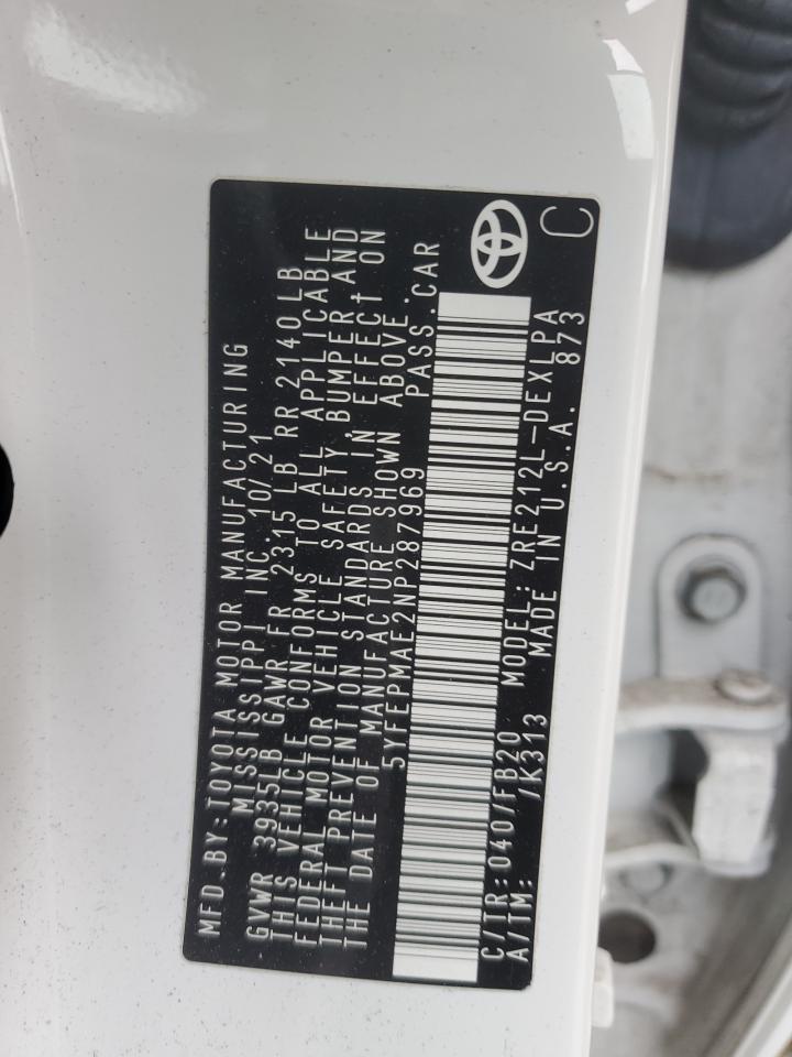 2022 TOYOTA COROLLA LE VIN:5YFEPMAE2NP287969