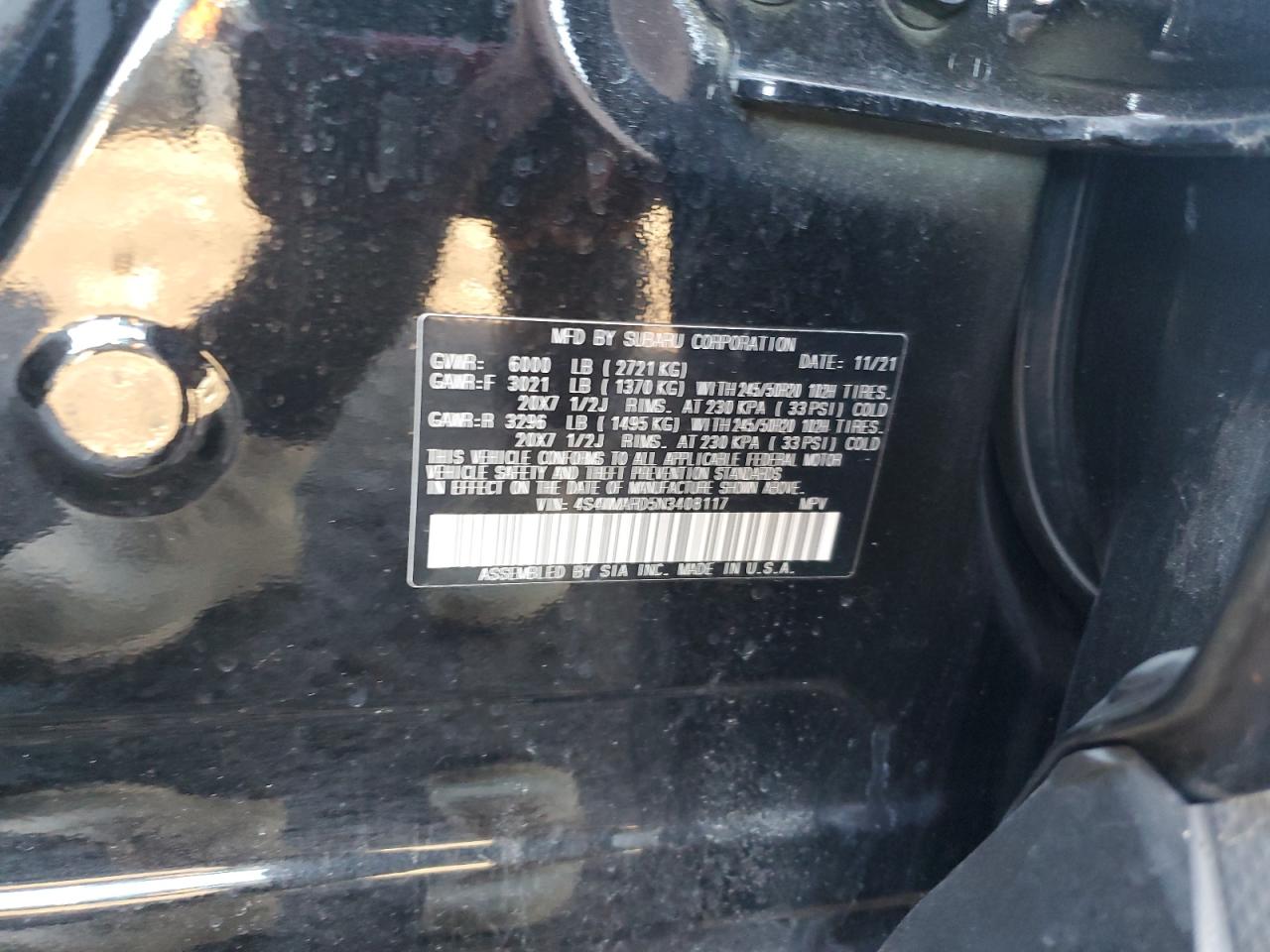 2022 SUBARU ASCENT TOURING VIN:4S4WMARD5N3408117