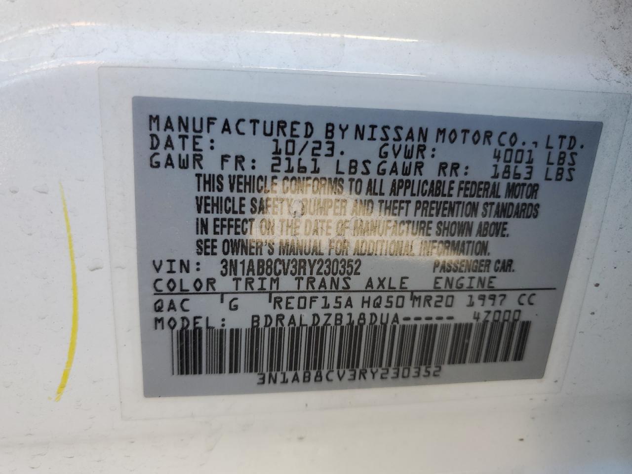 2024 NISSAN SENTRA SV VIN:3N1AB8CV3RY230352