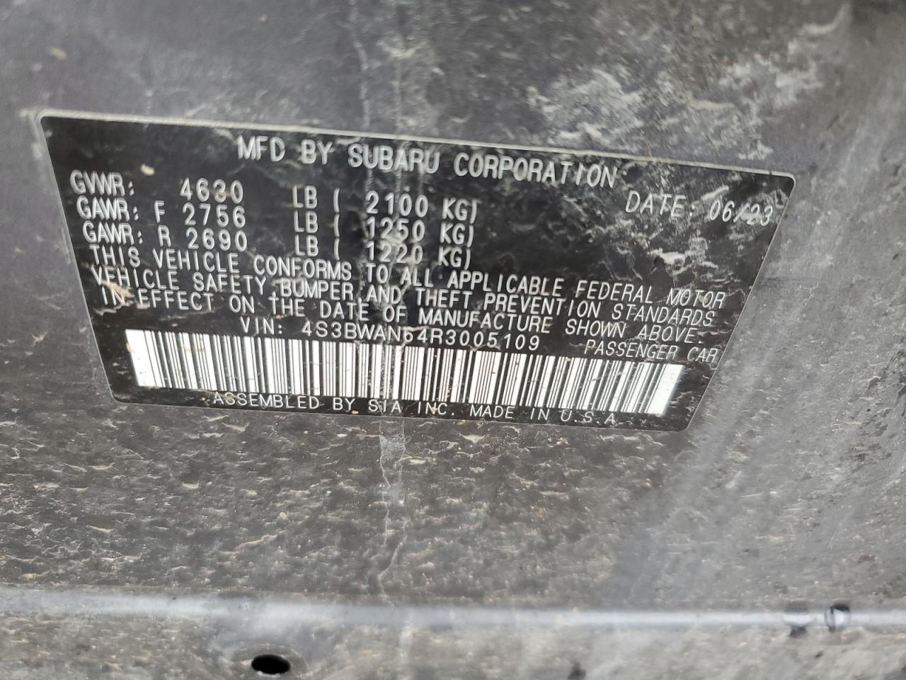 2024 SUBARU LEGACY LIMITED VIN:4S3BWAN64R3005109