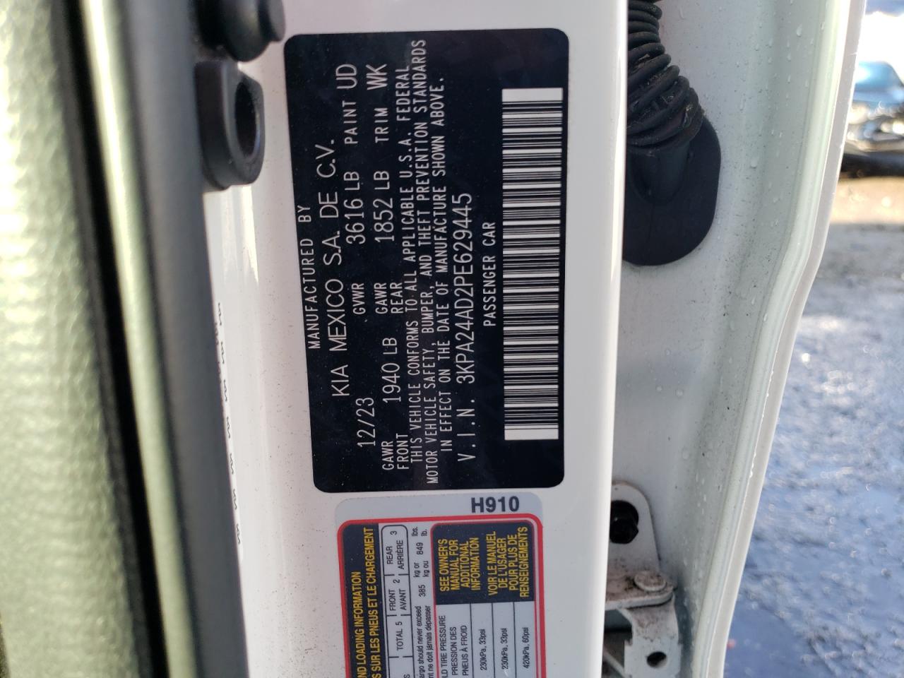 2023 KIA RIO LX VIN:3KPA24AD2PE629445