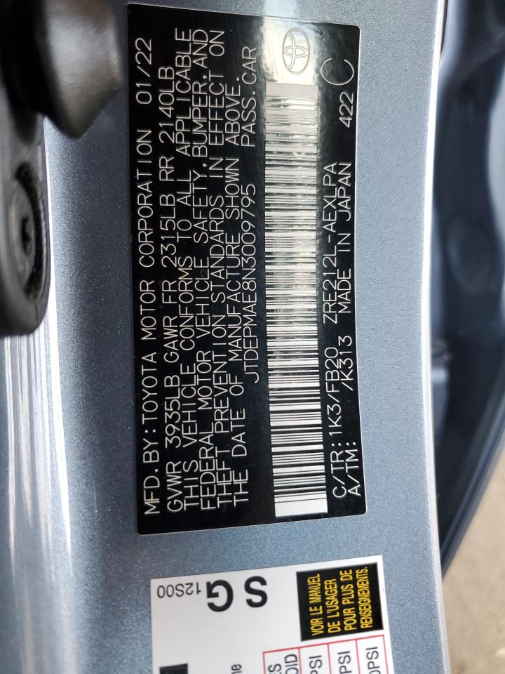 2022 TOYOTA COROLLA LE VIN:JTDEPMAE8N3009795