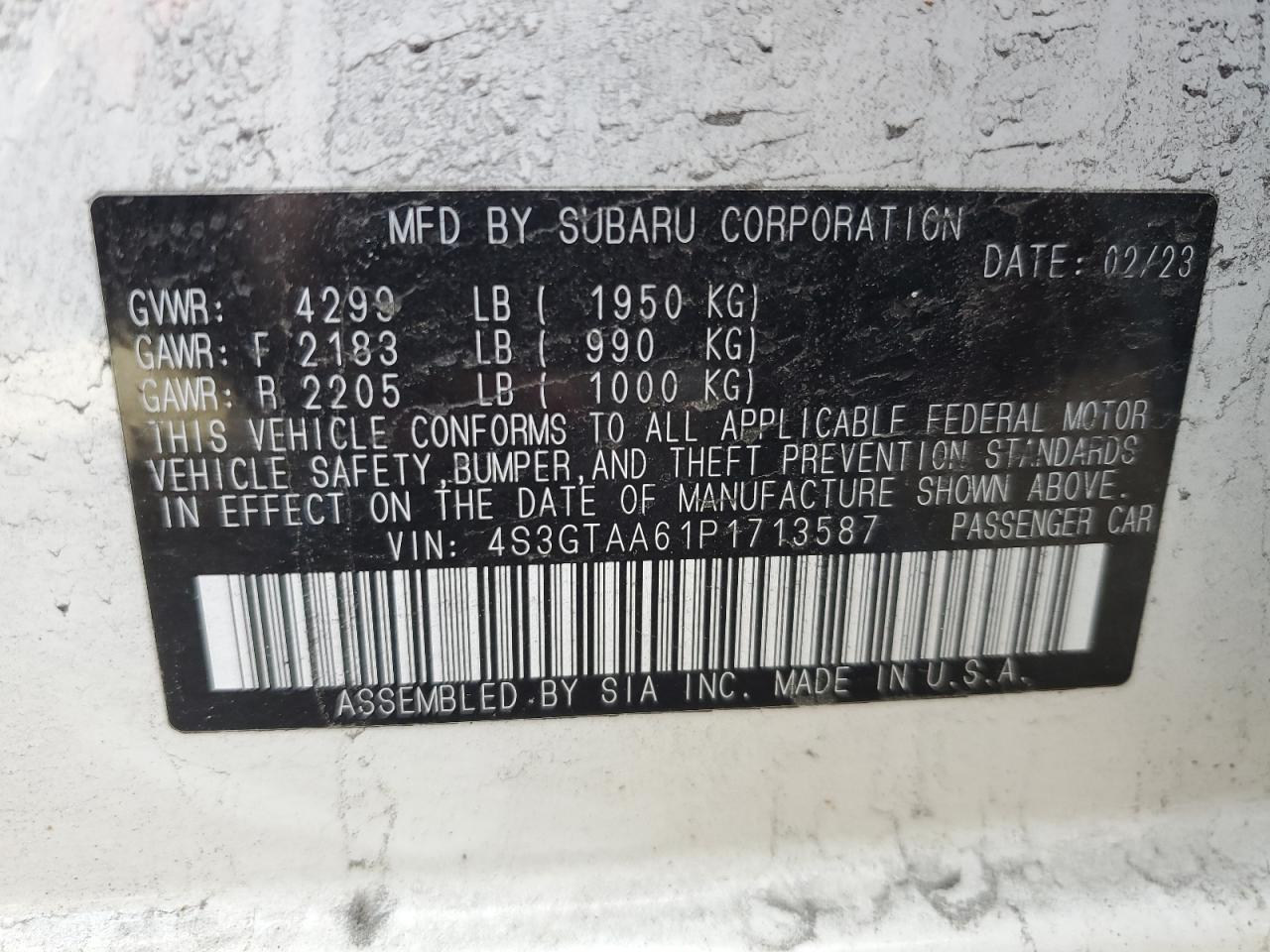 2023 SUBARU IMPREZA  VIN:4S3GTAA61P1713587