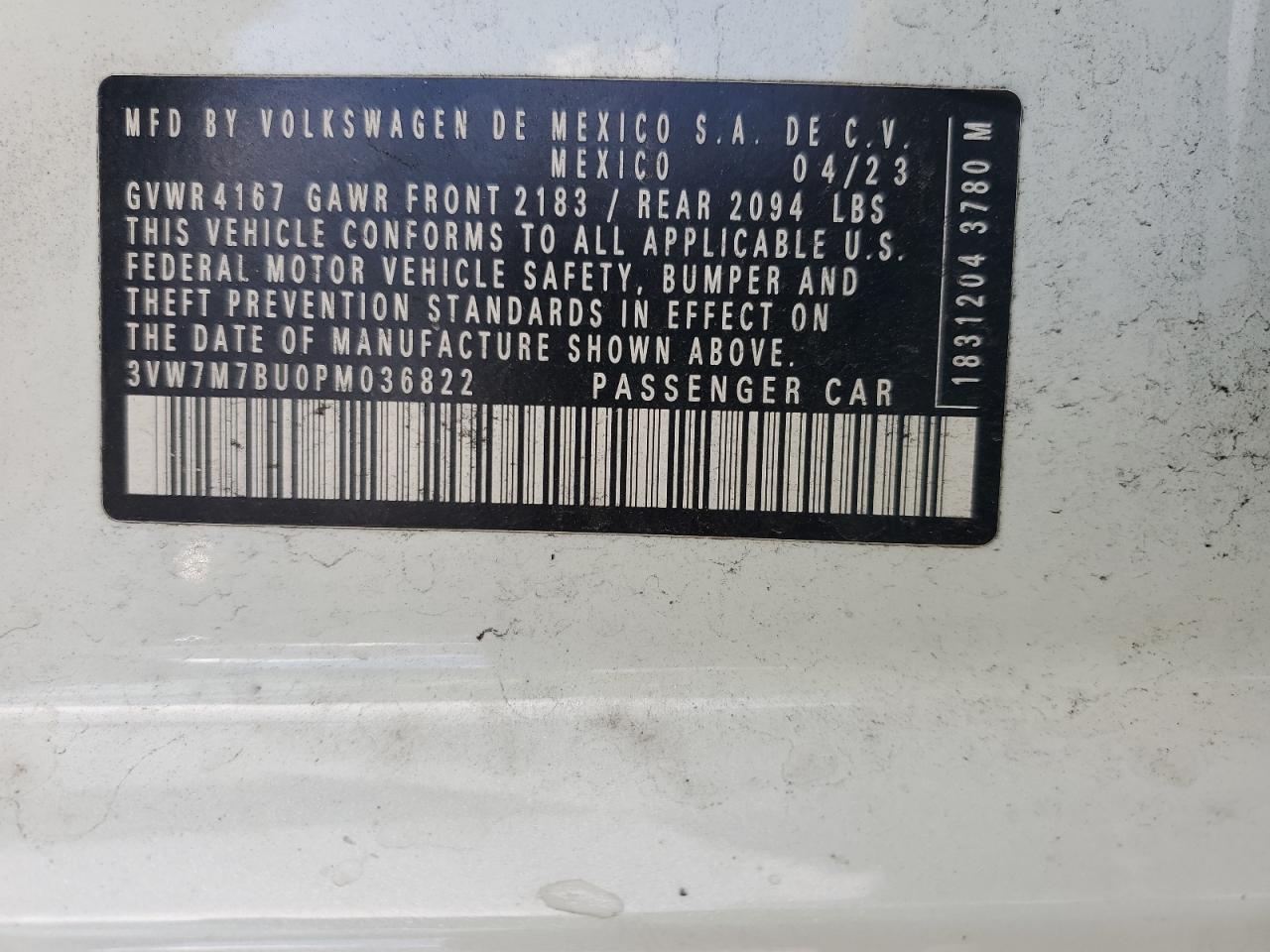 2023 VOLKSWAGEN JETTA SE VIN:3VW7M7BU0PM036822
