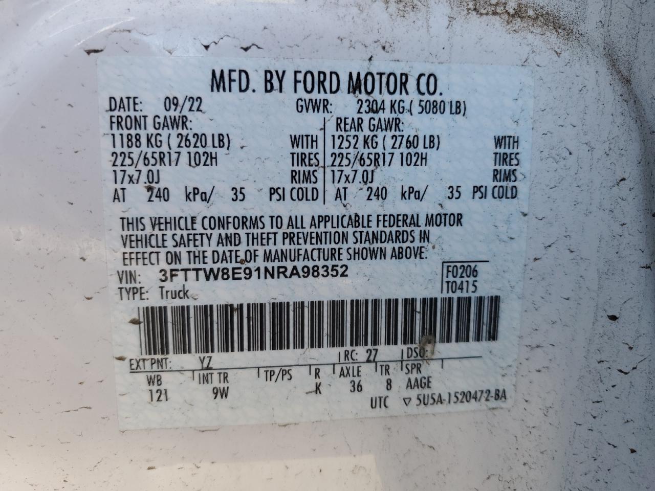 2022 FORD MAVERICK XL VIN:3FTTW8E91NRA98352