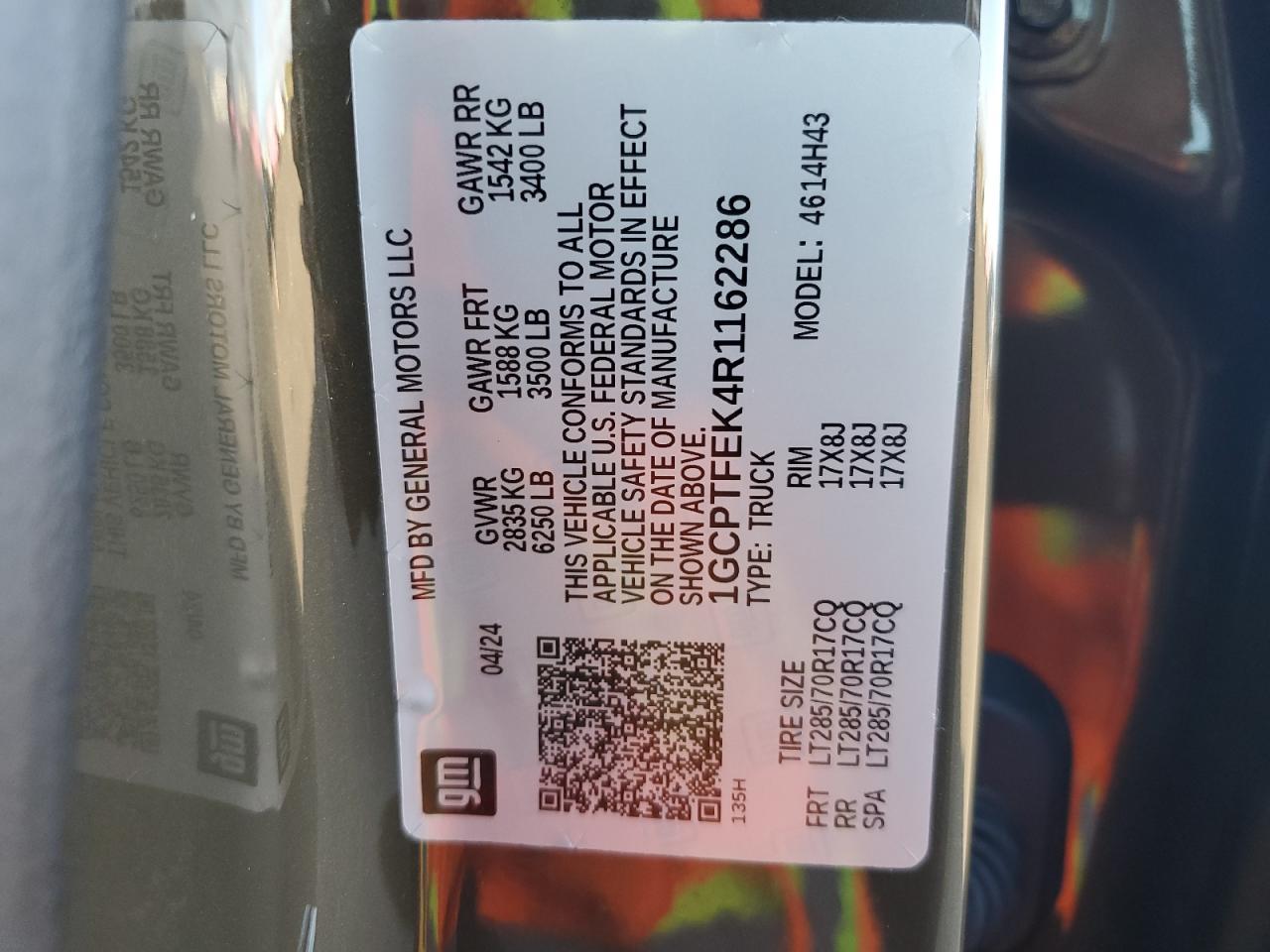 2024 CHEVROLET COLORADO ZR2 VIN:1GCPTFEK4R1162286