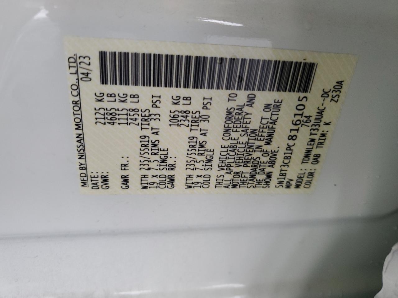 2023 NISSAN ROGUE SL VIN:5N1BT3CB1PC816105